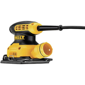 DEWALT palm sander DWE6411K speed label shows 14,000 OPM for fast finishing.