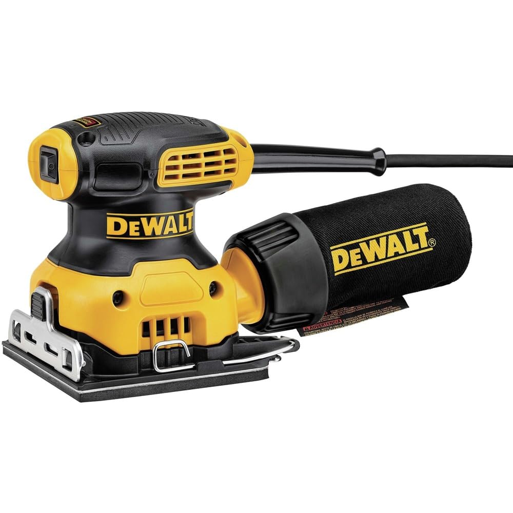 DEWALT palm sander DWE6411K dust port connected to vacuum shows dust-collection option.