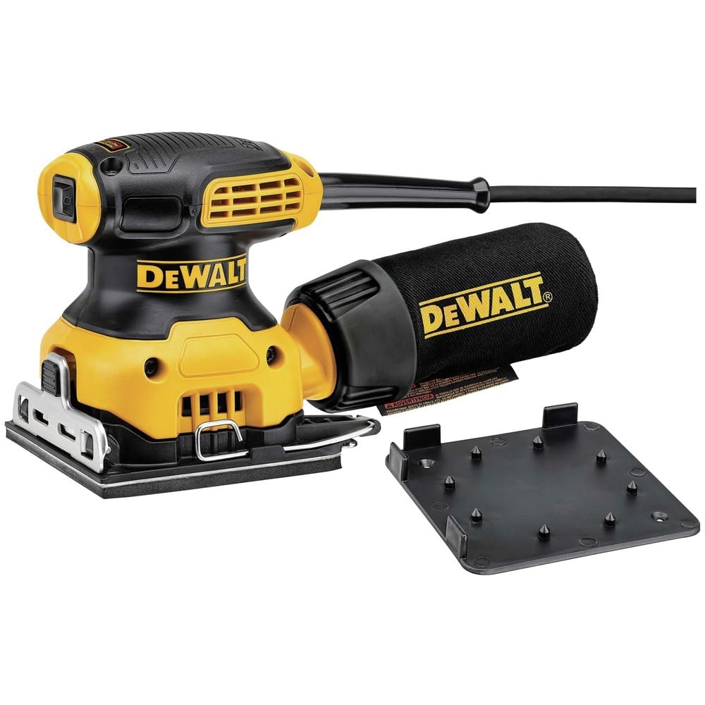 DEWALT palm sander DWE6411K front view shows compact design for tight spaces.