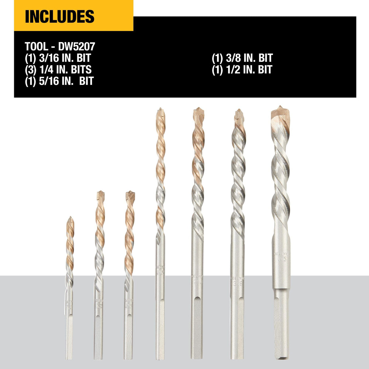 DEWALT percussion masonry bits with carbide tips for fast, clean drilling in concrete.