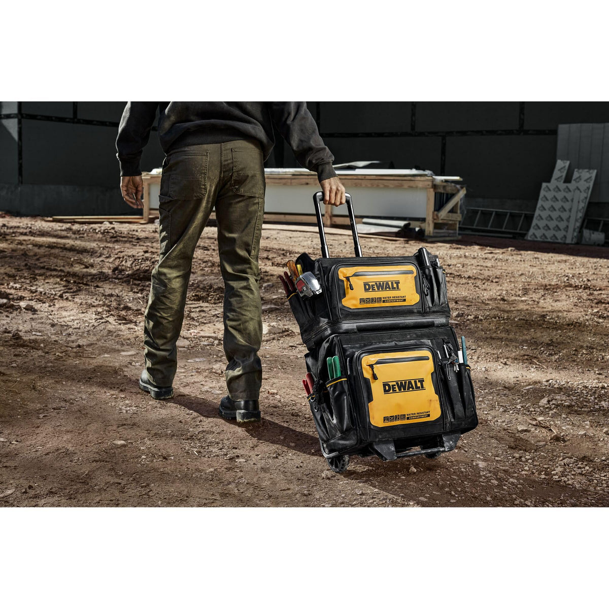 DEWALT personal belongings compartment adds secure space for extras.