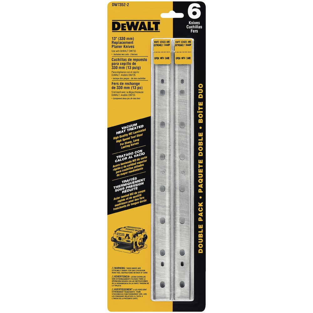 DEWALT planer blades DW7352-2, double-sided, heat treated for longer edge life during planing.