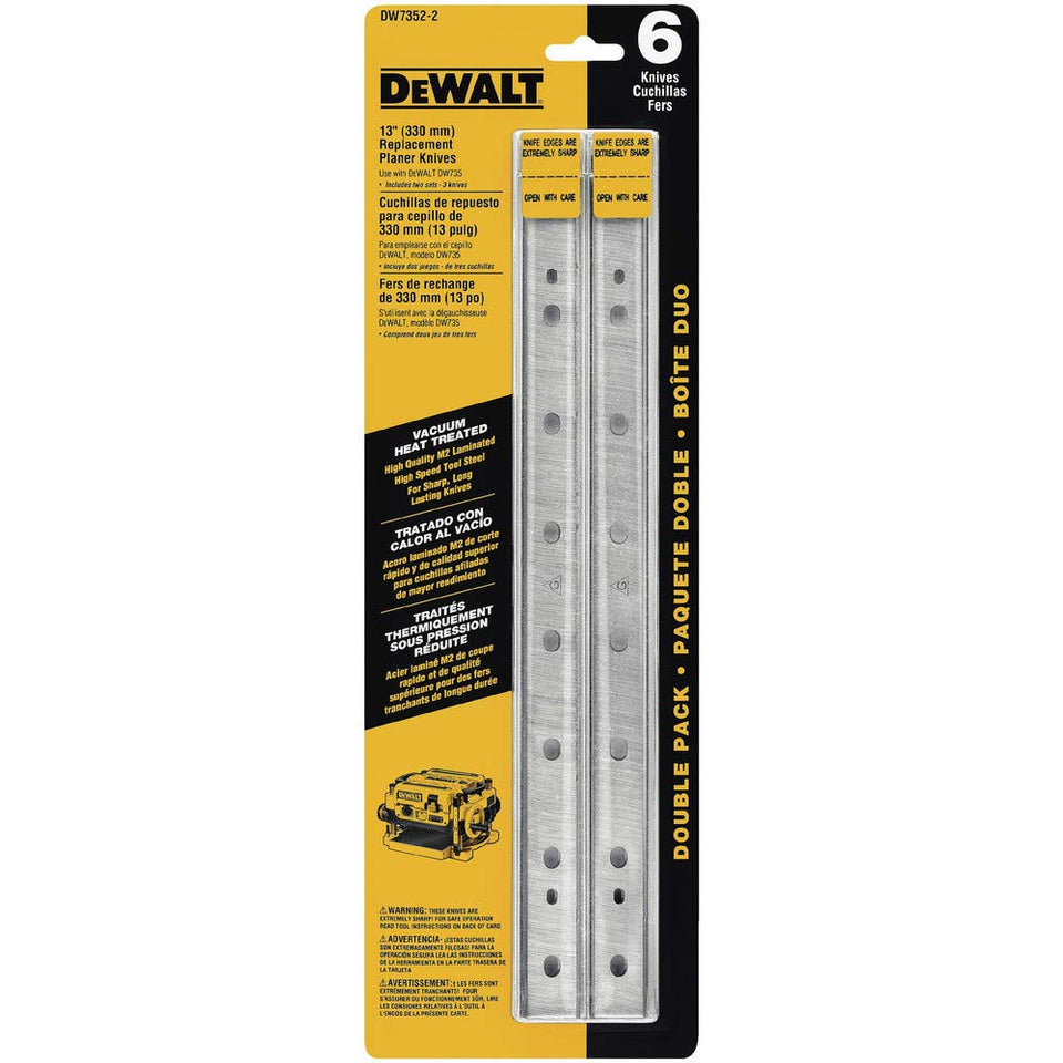 DEWALT planer blades DW7352-2, double-sided, heat treated for longer edge life during planing.