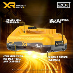 DEWALT PowerPack 4Ah durable base resisting jobsite wear and impacts.