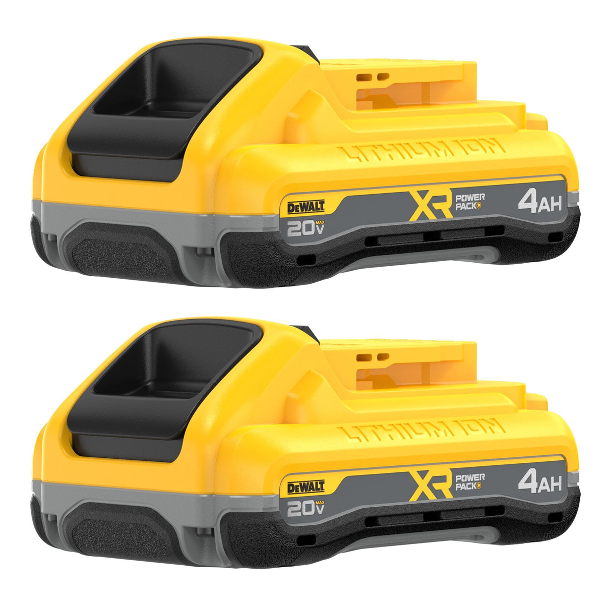 DEWALT PowerPack 4Ah front view highlighting compact, high-capacity battery for longer tool runtimes.