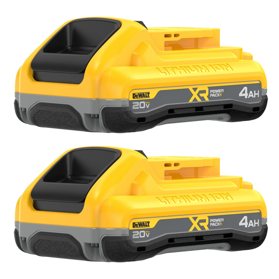 DEWALT PowerPack 4Ah front view highlighting compact, high-capacity battery for longer tool runtimes.