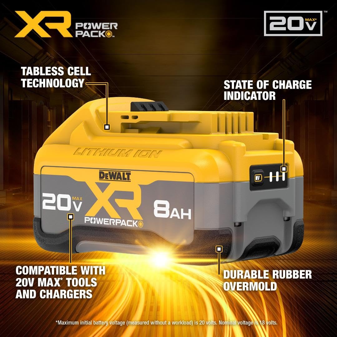 DEWALT Powerpack 8Ah battery LED indicator for quick charge status checks