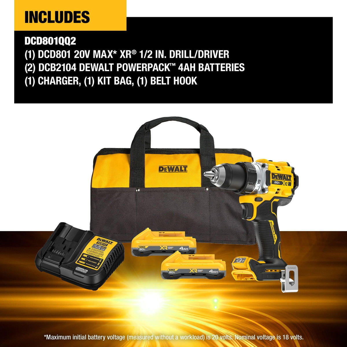 DEWALT POWERPACK 4Ah batteries shown beside the drill for extended runtime.