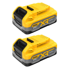 DEWALT PowerStack 3.5Ah battery closeup with LED indicator for quick charge status.