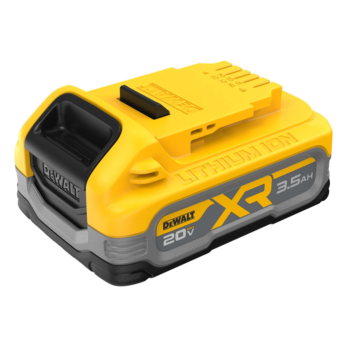 DEWALT PowerStack 3.5Ah battery silhouette on site conveys reliability.