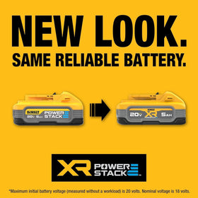 DEWALT POWERSTACK 5Ah battery durable rubber base protects finished surfaces