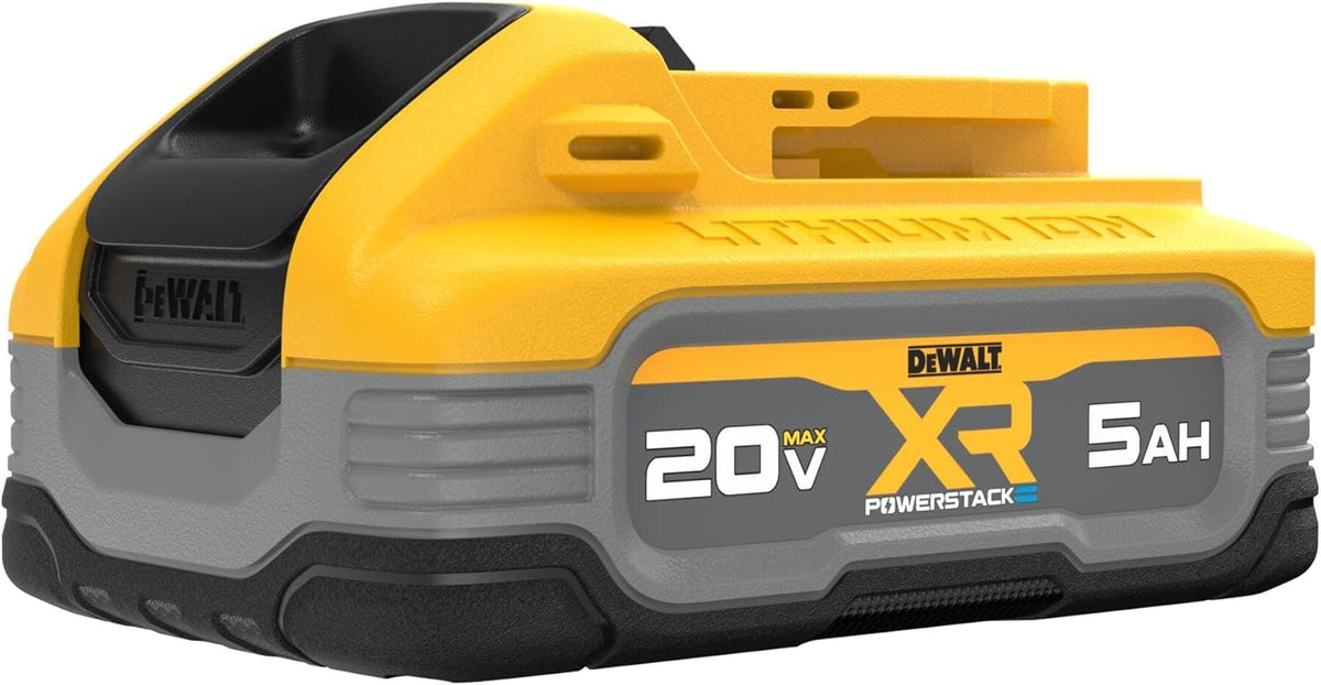 DEWALT POWERSTACK 5Ah battery front view showing robust build for heavy use and extended runtime