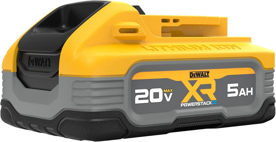 DEWALT POWERSTACK 5Ah battery front view showing robust build for heavy use and extended runtime