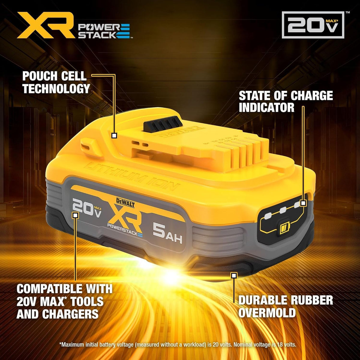 DEWALT POWERSTACK 5Ah battery side view highlighting compact profile and balanced weight
