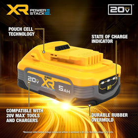 DEWALT POWERSTACK 5Ah battery side view highlighting compact profile and balanced weight