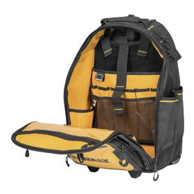 DEWALT Pro Backpack on Wheels with dedicated drill and battery pockets for quick access.