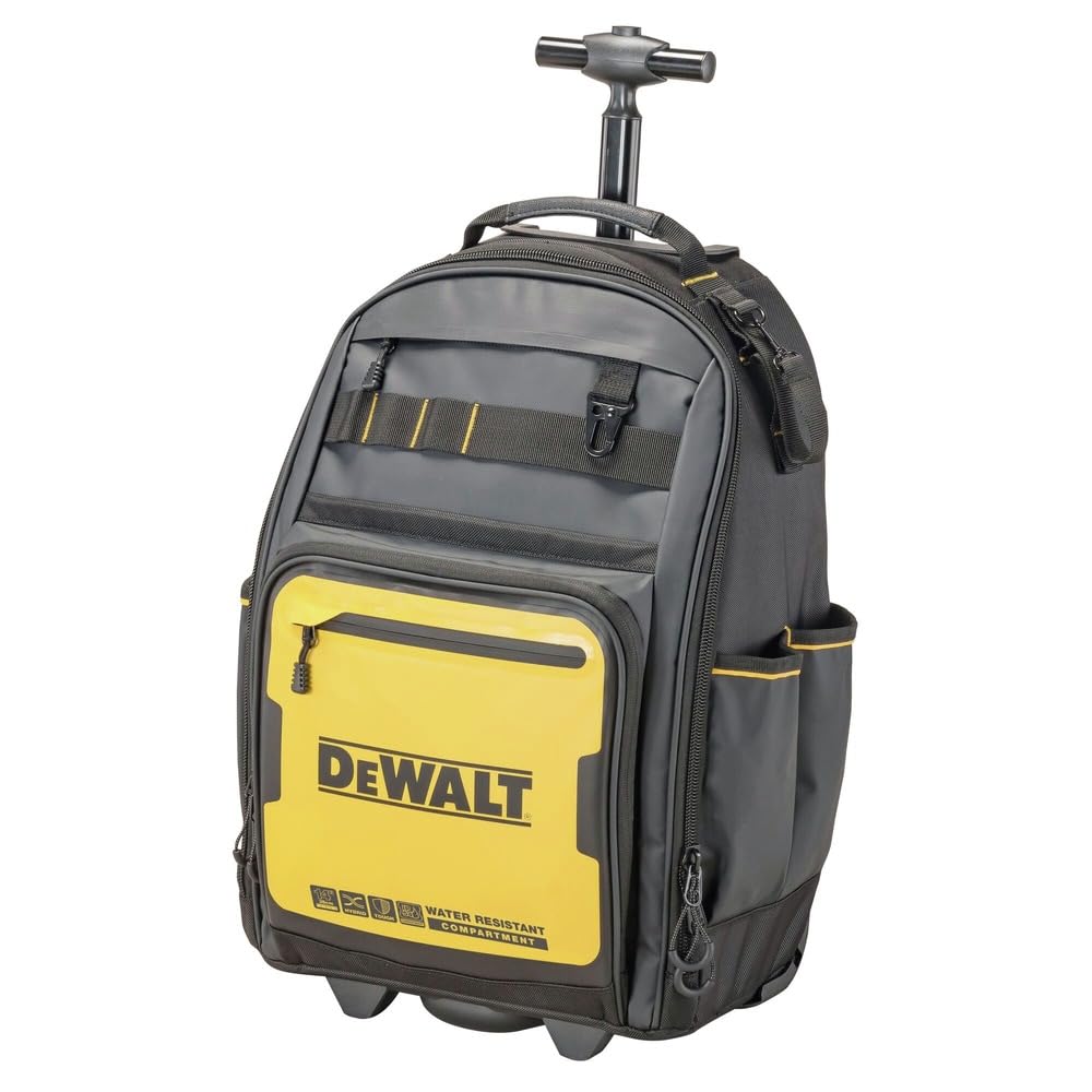 DEWALT Pro Backpack on Wheels with 1680 denier fabric for rugged job sites.
