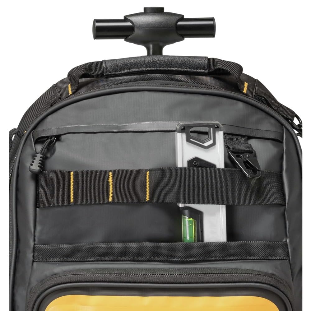 DEWALT Pro Backpack on Wheels protected strap storage keeps straps secure when stored.