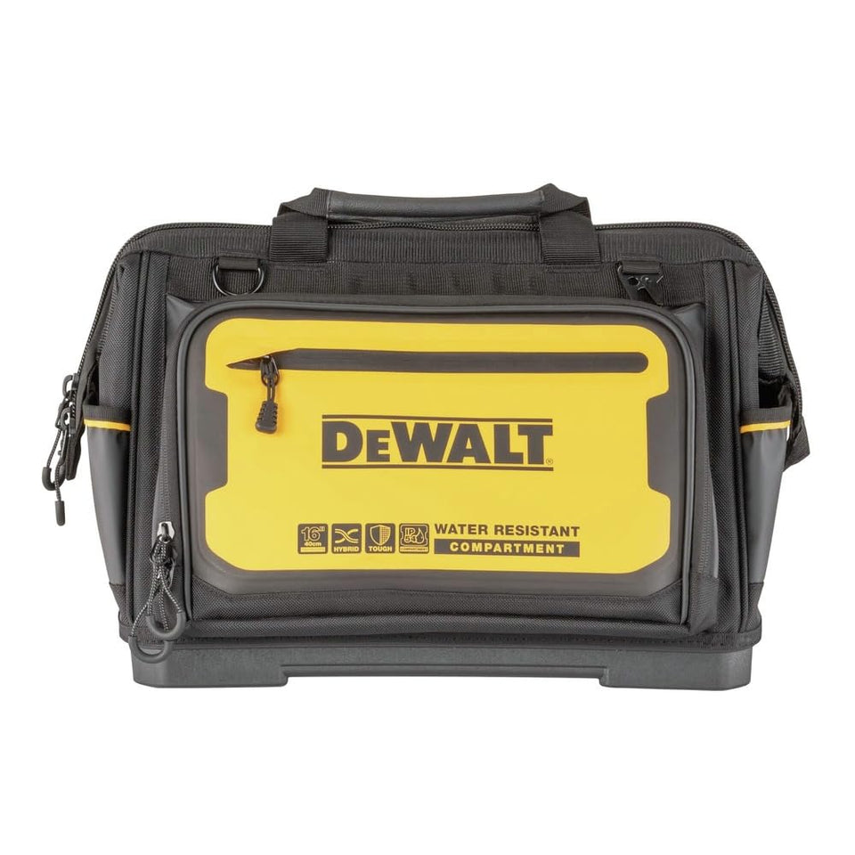 DEWALT Pro open-mouth tool bag front view shows quick-access layout for bulky tools.