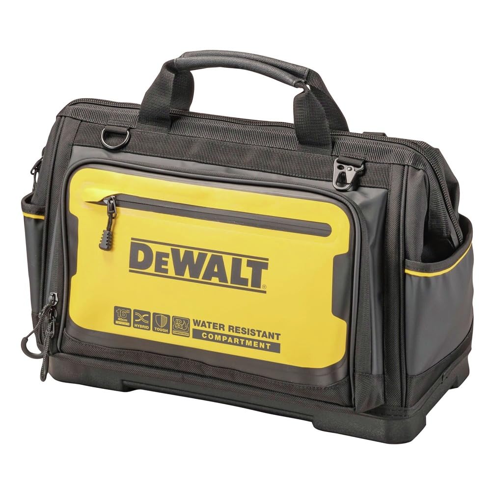 DEWALT Pro open-mouth tool bag side pocket access for fast tool retrieval.