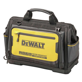 DEWALT Pro open-mouth tool bag side pocket access for fast tool retrieval.