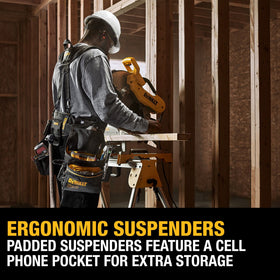 DEWALT Professional Tool Belt Organizer worn with suspenders distributes weight for comfort.