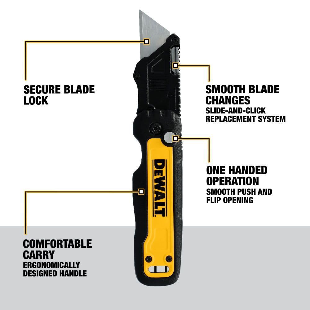 DEWALT Push & Flip folding utility supports one-handed operation for easier use.