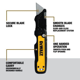 DEWALT Push & Flip folding utility supports one-handed operation for easier use.