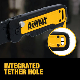 DEWALT Push & Flip folding utility slide-and-click insert enables smooth blade changes.
