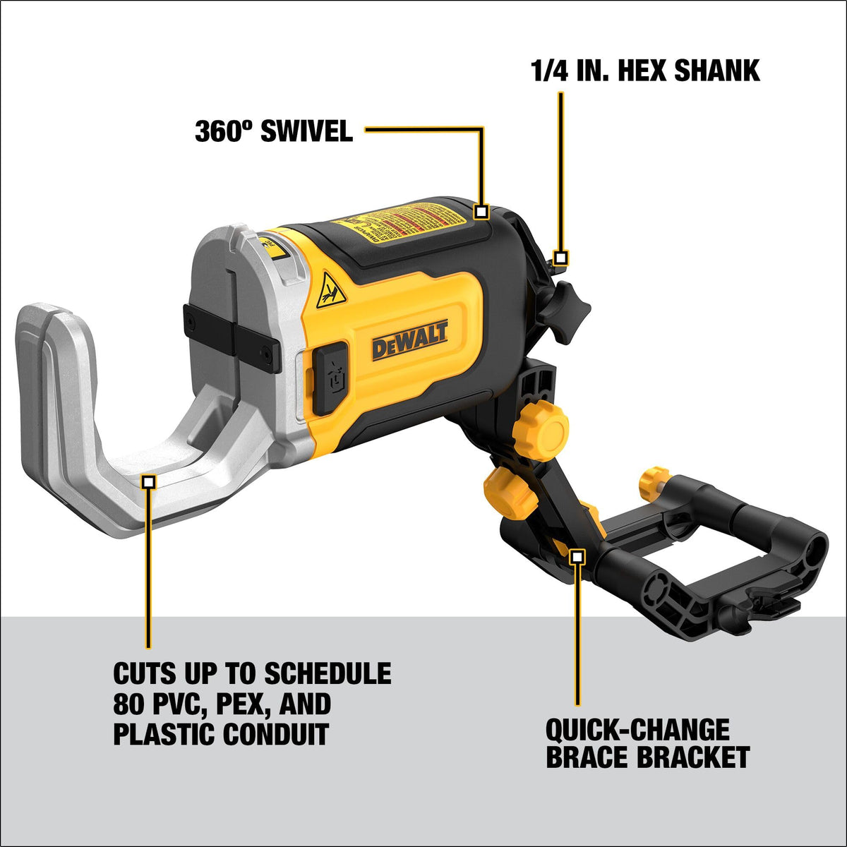 DEWALT PVC/PEX cutting action with impact driver efficiency.