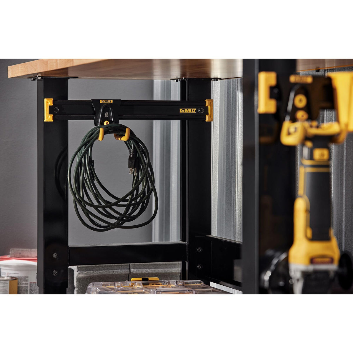 DEWALT rail with accessories demonstrating modular storage setup.