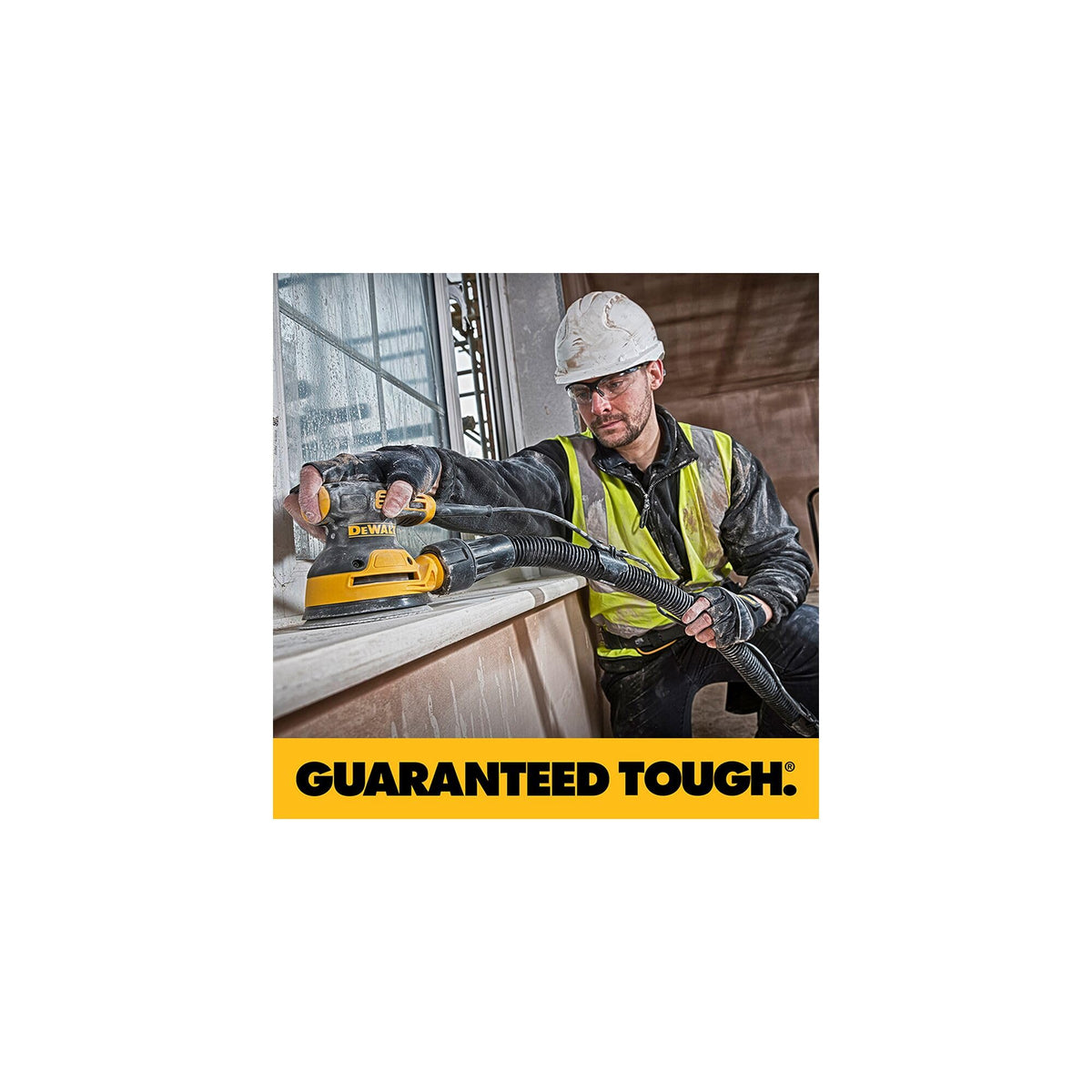 DEWALT DWE6423 in-use view finishing wood with smooth results.