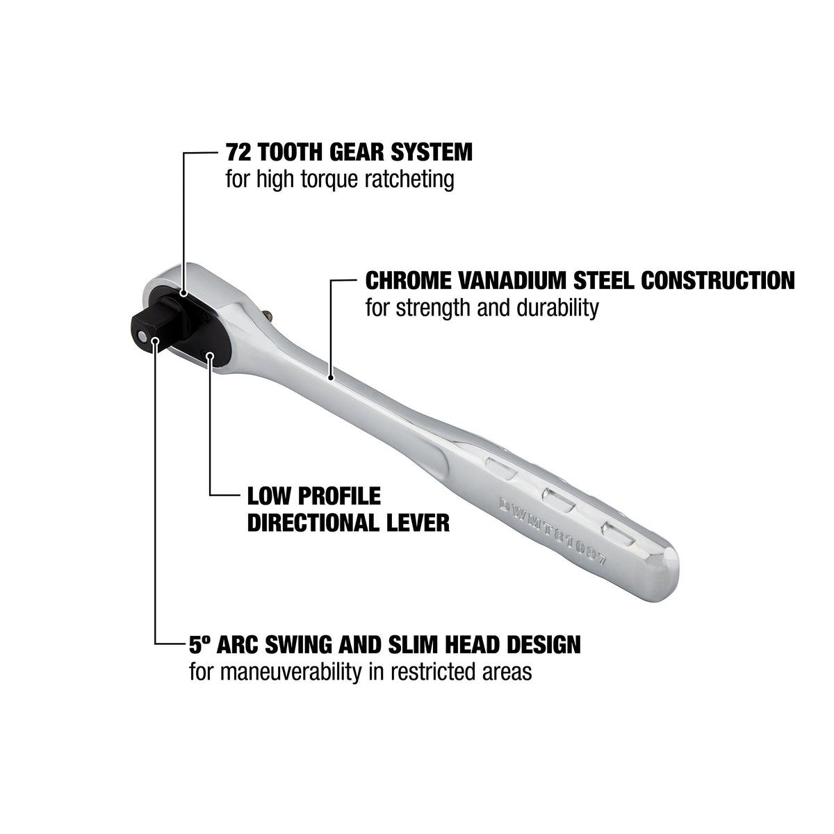 DEWALT ratchet with ergonomic, anti-slip handle for comfortable control during long tasks