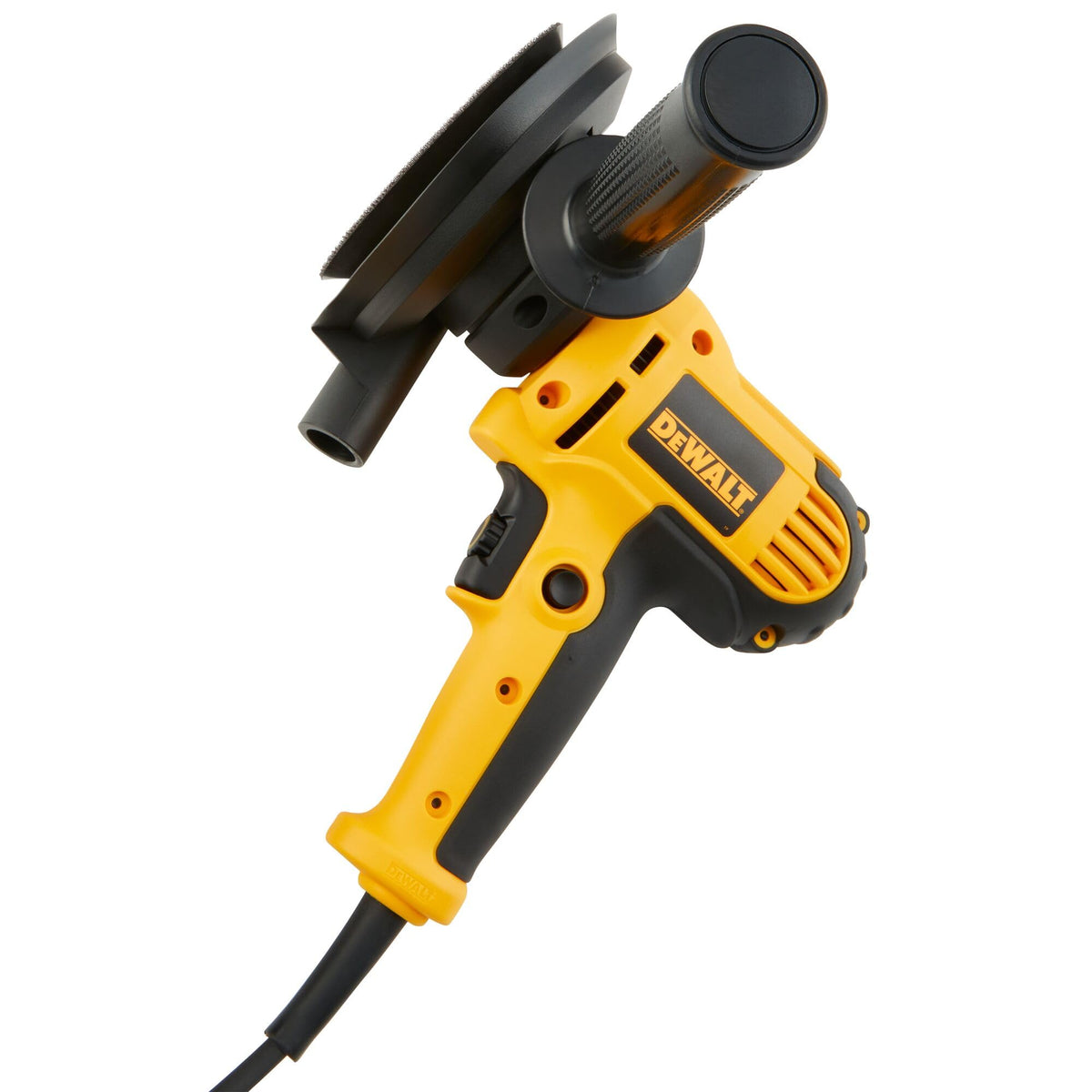 DEWALT 5-inch pads installed for quick changes with the hook-and-loop system.