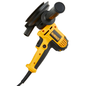 DEWALT 5-inch pads installed for quick changes with the hook-and-loop system.
