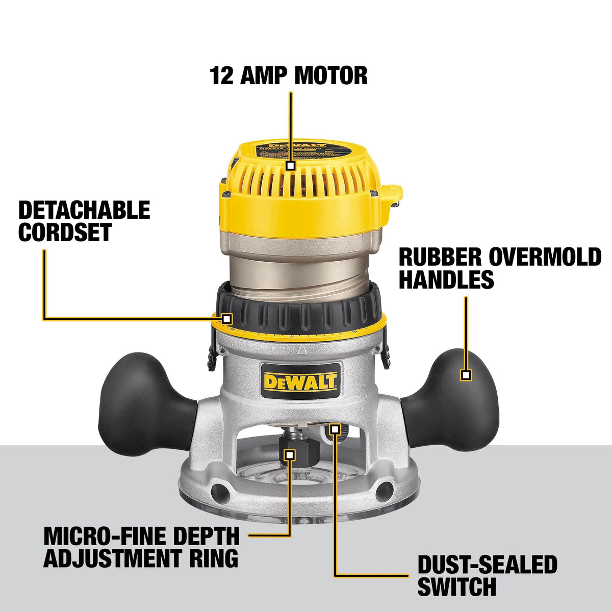 Close-up of depth adjustment ring on DEWALT router for precise 1/64-inch steps.