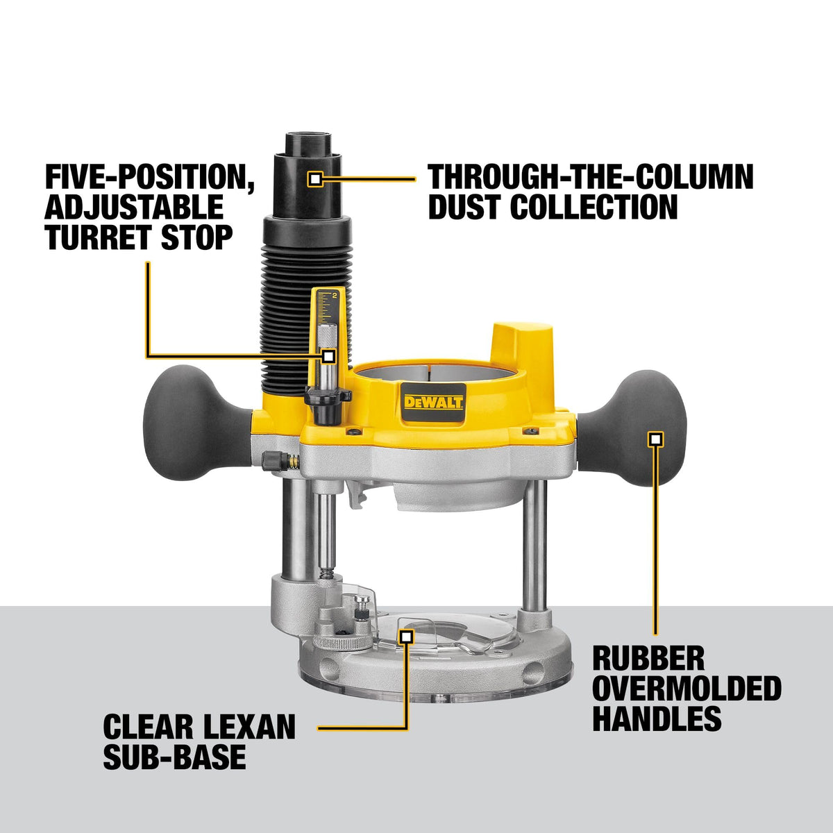 Quick-release motor latches streamline base changes on the DEWALT router.
