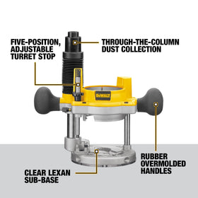 Quick-release motor latches streamline base changes on the DEWALT router.