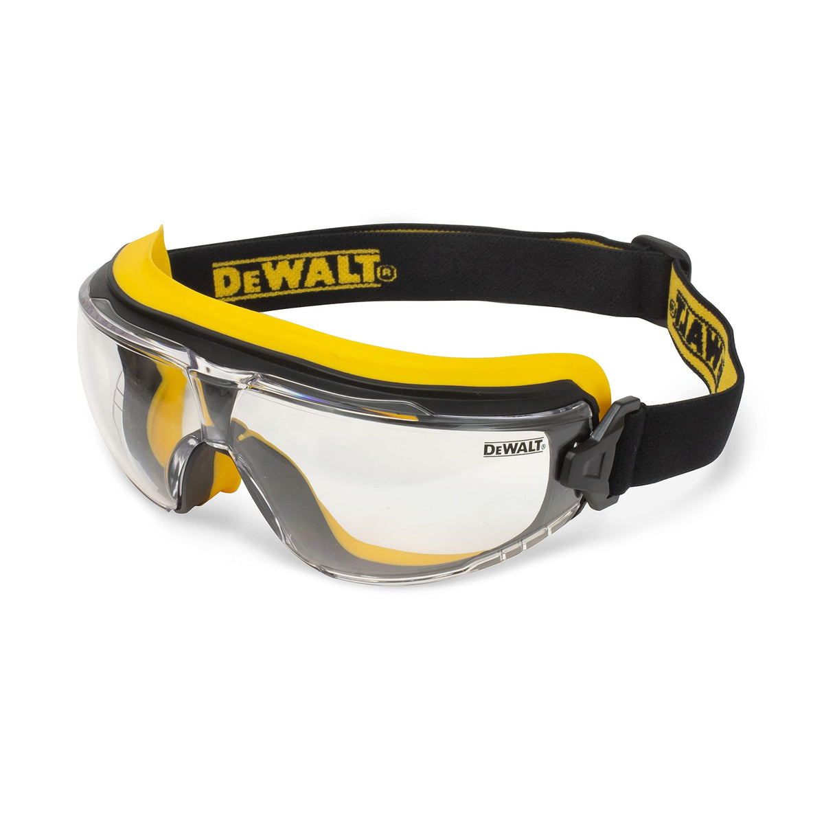 DEWALT DPG84 safety goggles front view with clear lens and anti-fog coating for visibility