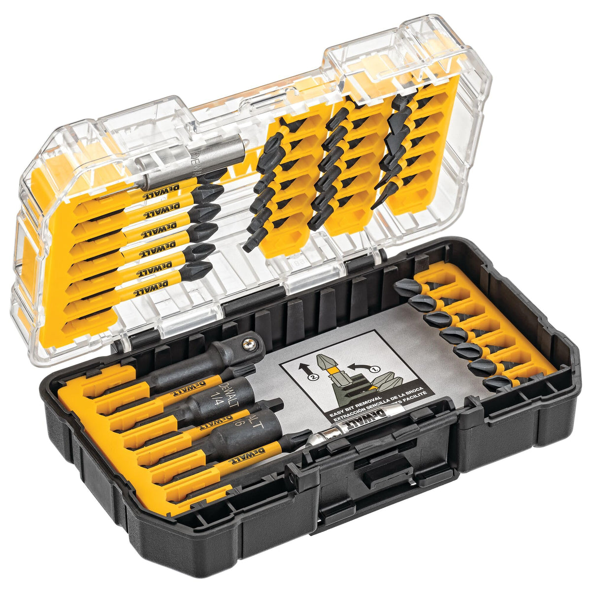 DEWALT 40-piece bit set in a clear case for easy access and organization.