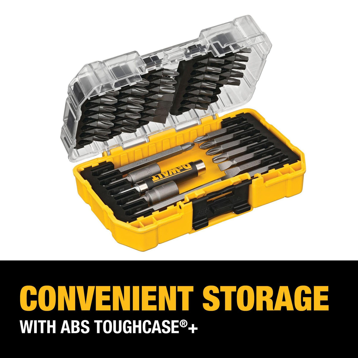 DEWALT clear-lid view shows contents at a glance for quick selection.