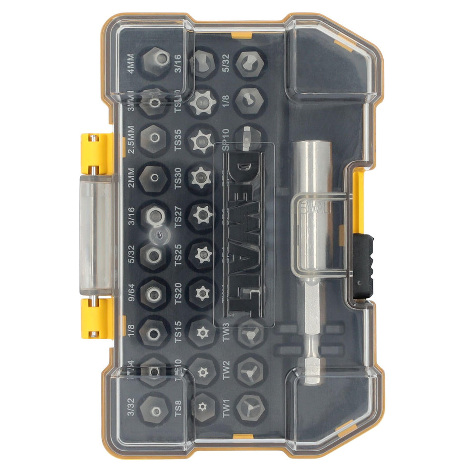 DEWALT security bit set in a sturdy case for easy transport.