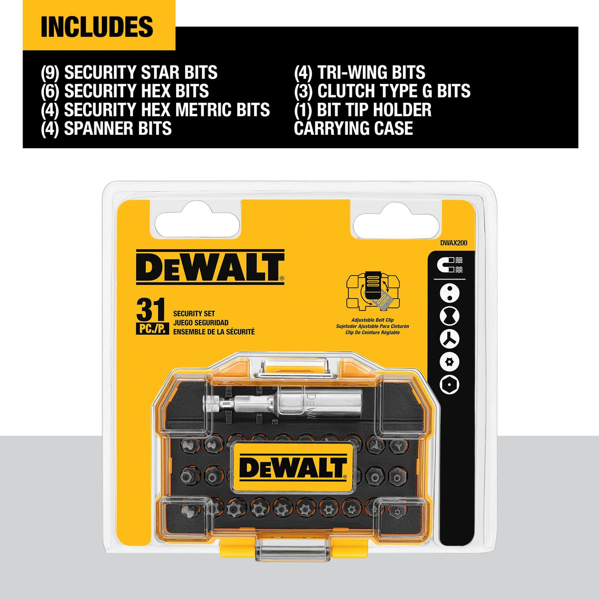 DEWALT security Torx bits arranged for tamperproof screws.