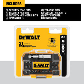 DEWALT security Torx bits arranged for tamperproof screws.