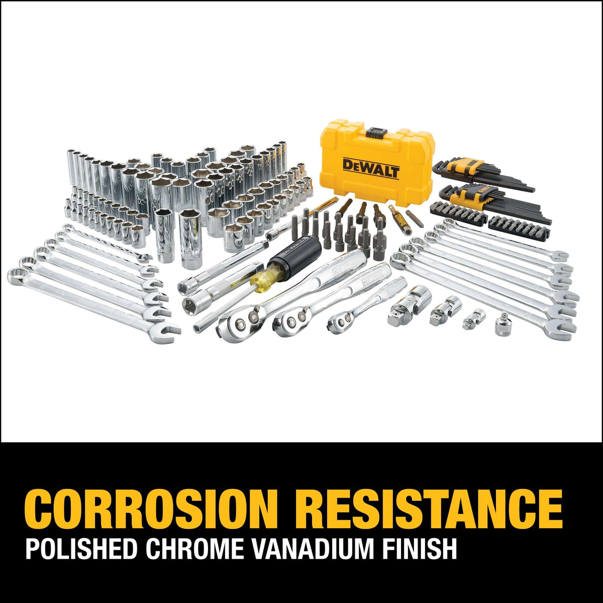 DEWALT socket set with 1/4 and 3/8 inch drives covers SAE and metric fasteners.