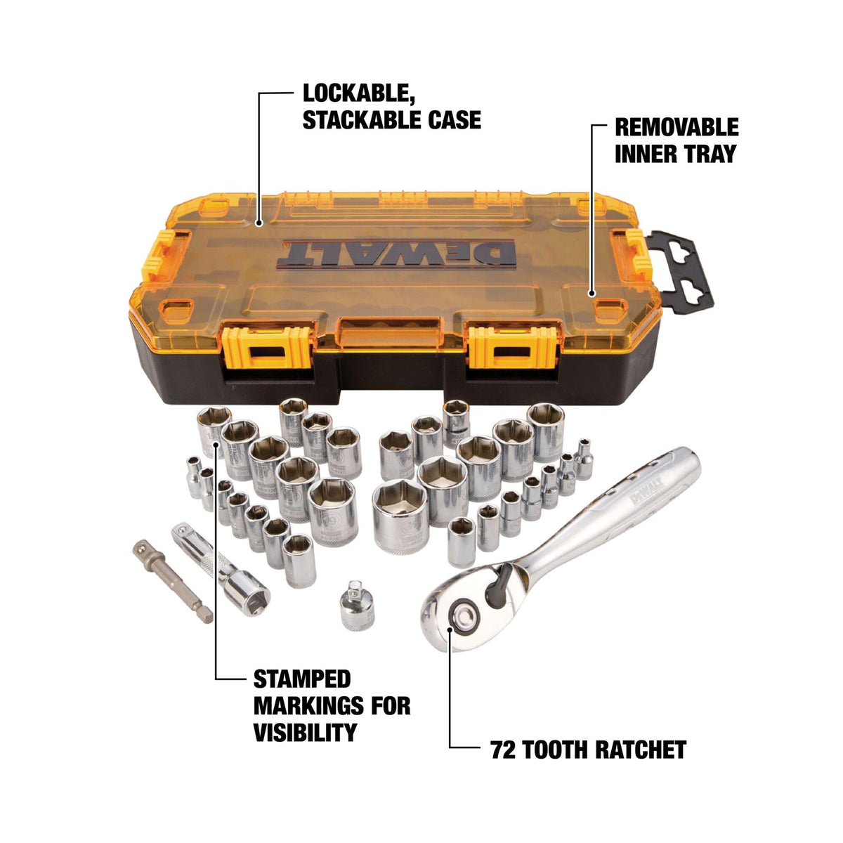 DEWALT 72-tooth ratchet enabling smooth tightening in tight spaces