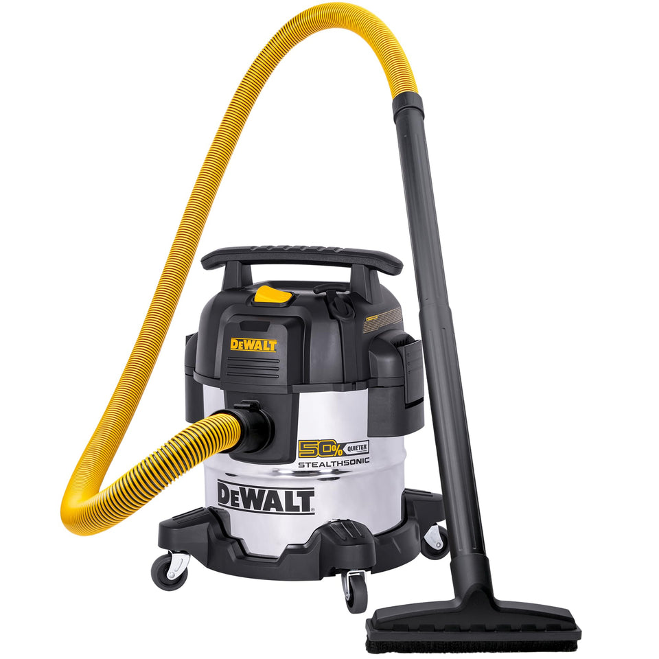 DEWALT STEALTHSONIC 5-gallon stainless tank supports durable wet and dry cleanup tasks.