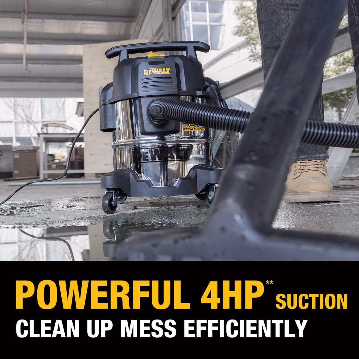 DEWALT STEALTHSONIC 5 gal vacuum with 360-degree rubberized casters