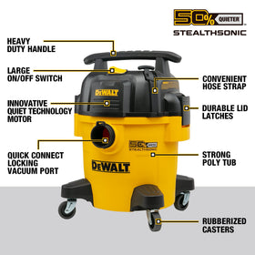 DEWALT STEALTHSONIC 5-gallon vacuum dust bags and accessories included.