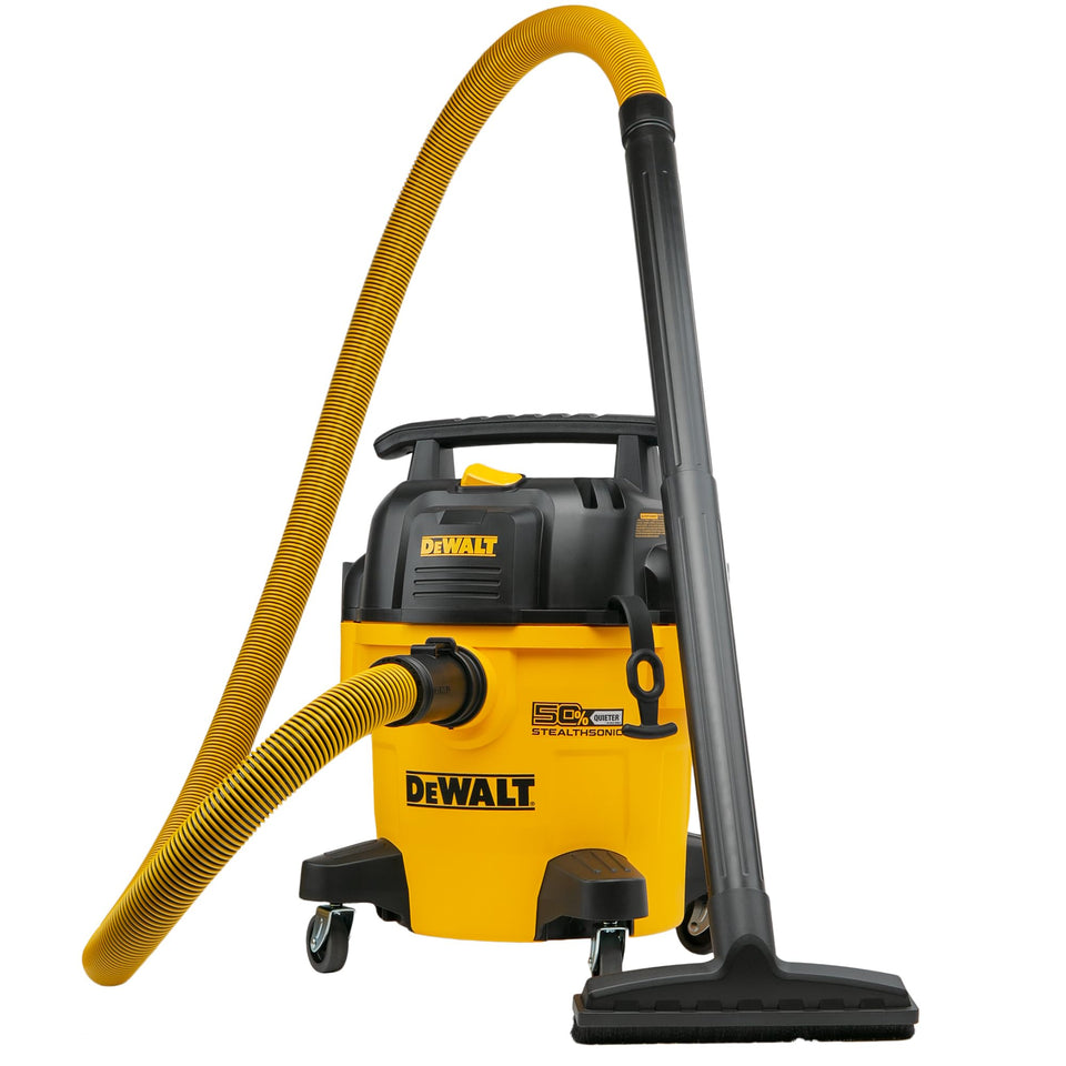 DEWALT STEALTHSONIC 5-gallon vacuum front view with quiet, powerful suction.
